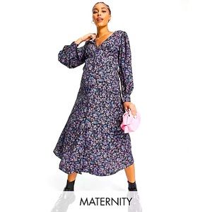TOPSHOP Maternity Button Down Long Sleeve Floral Midi Tea Dress